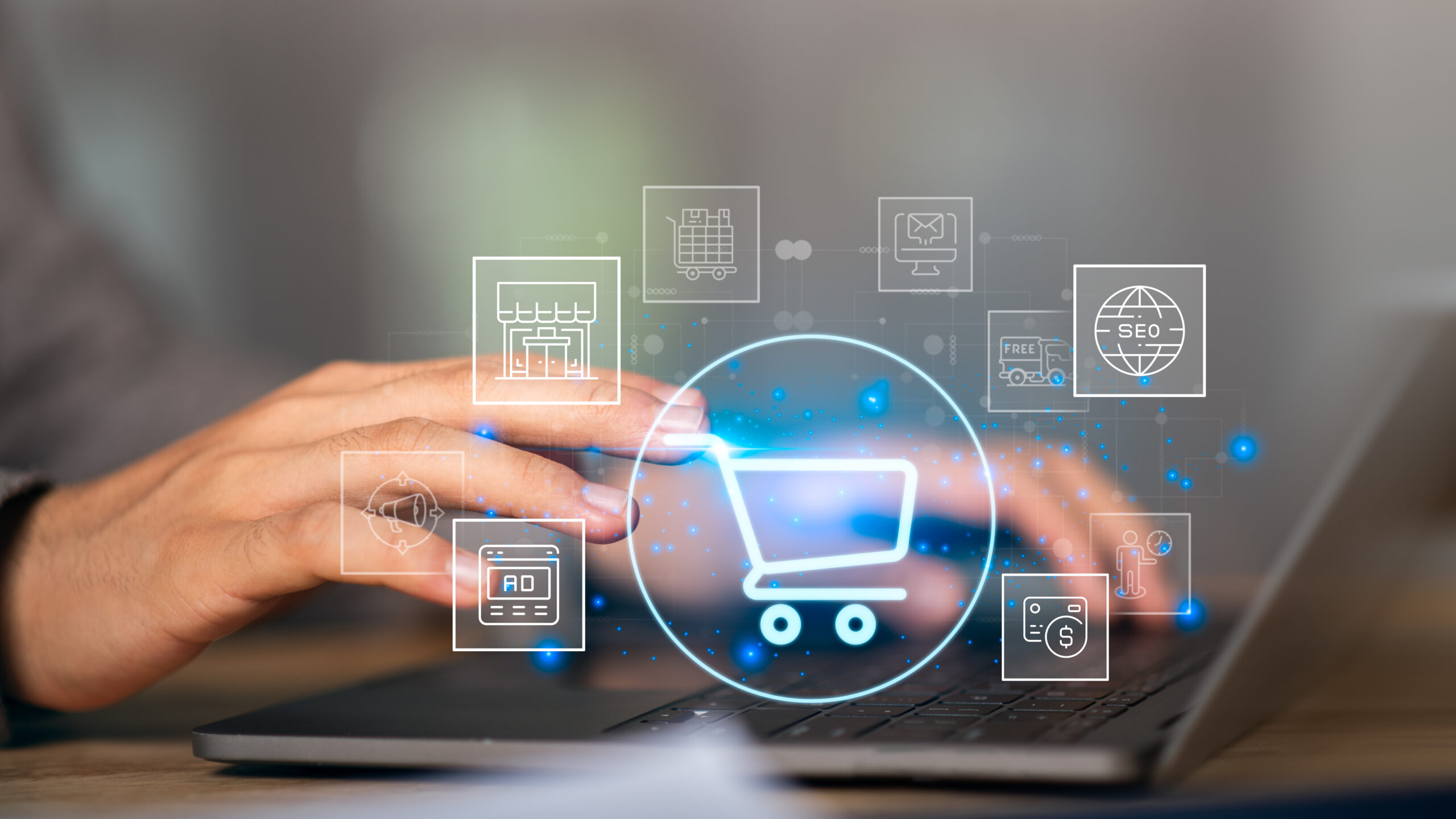 Digital icons representing retail marketing strategies.