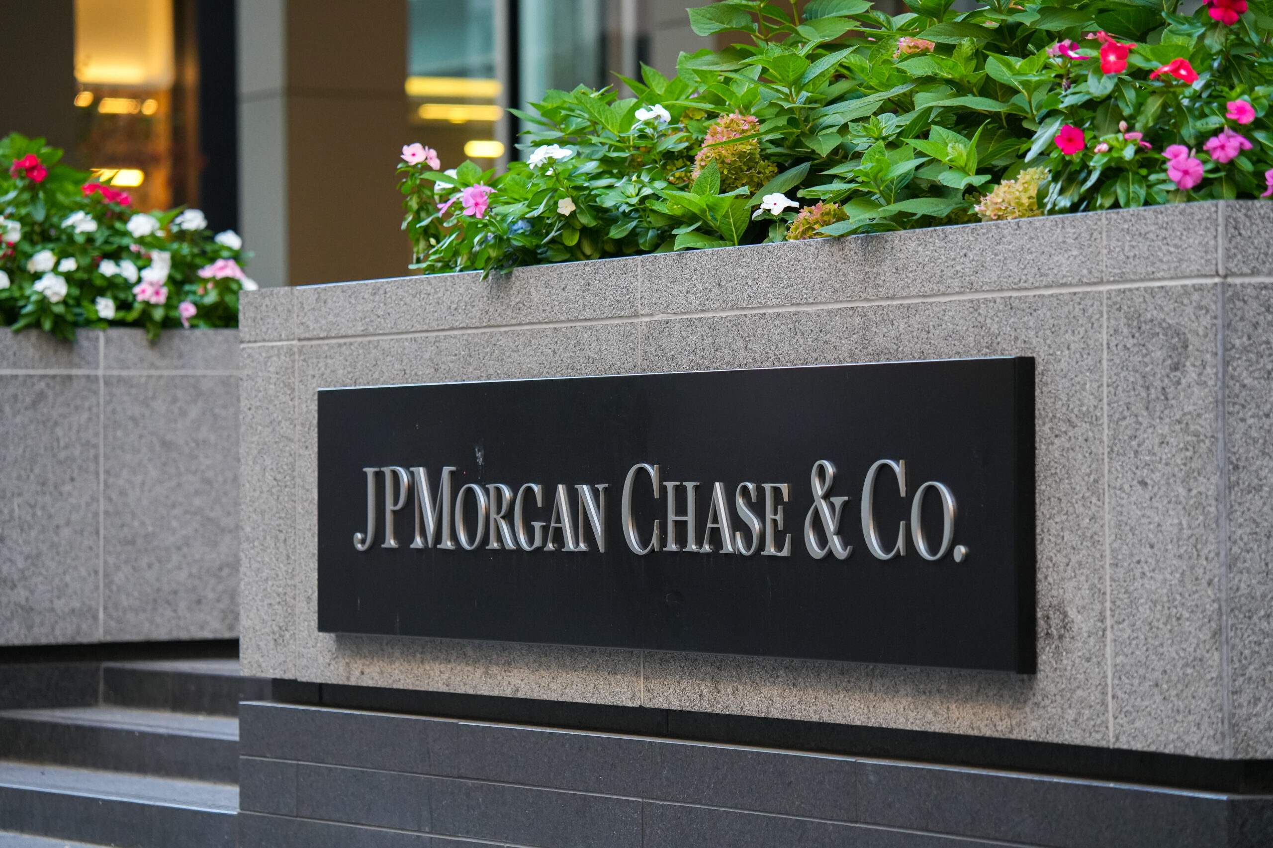 The logo sign of JPMorgan Chase brand an American multinational investment bank.