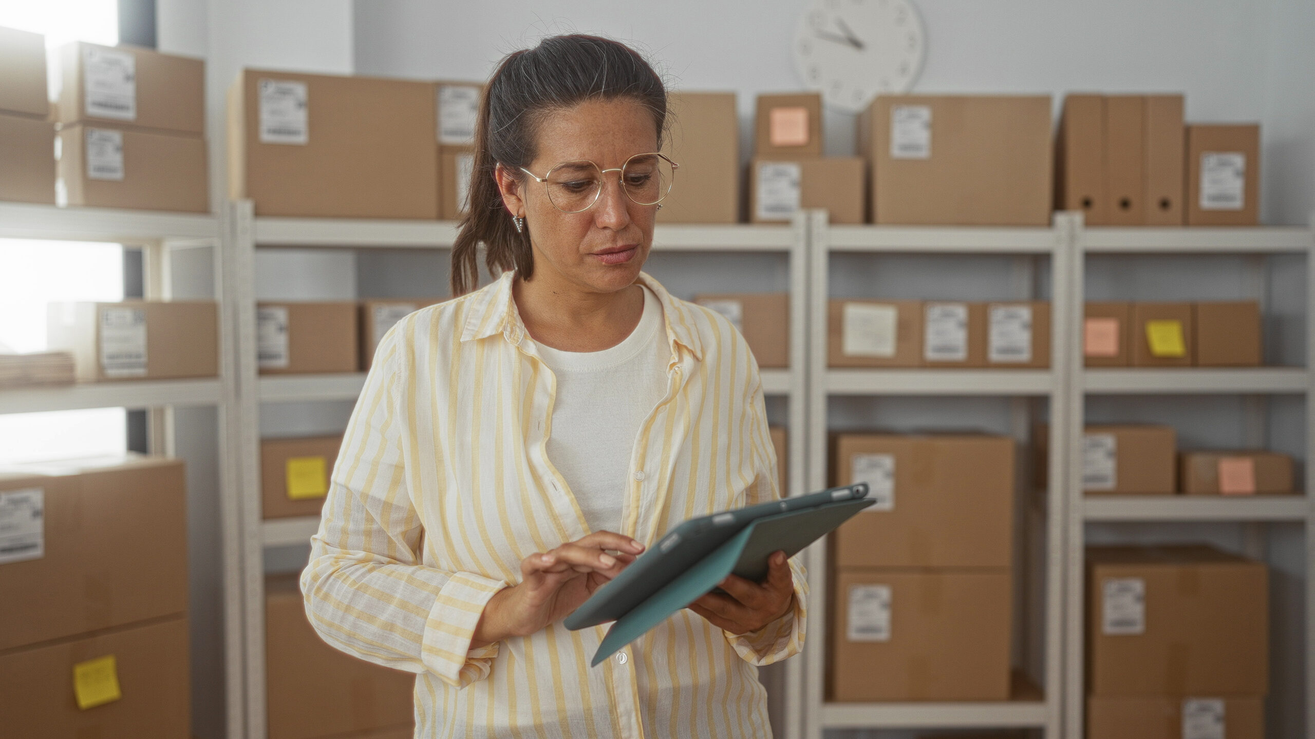 Woman adjusts glasses while holding a tablet amid stacked cardboard boxes on shelves in a storage building.