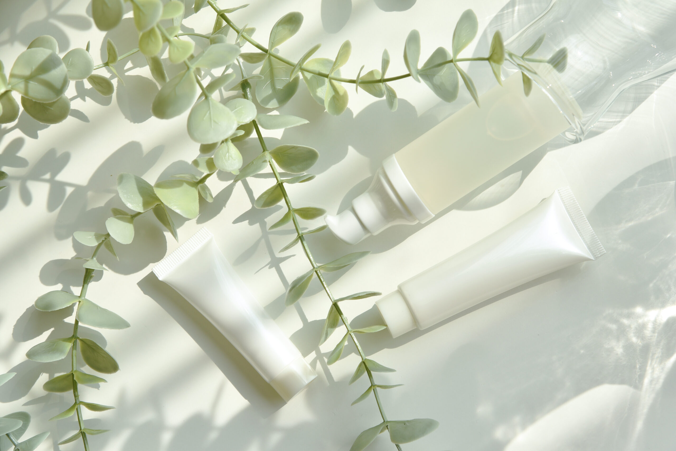 Cosmetic bottle containers packaging with green herbal leaves in shadow and light effect, Blank label for organic branding mock-up, Natural skincare beauty product concept.