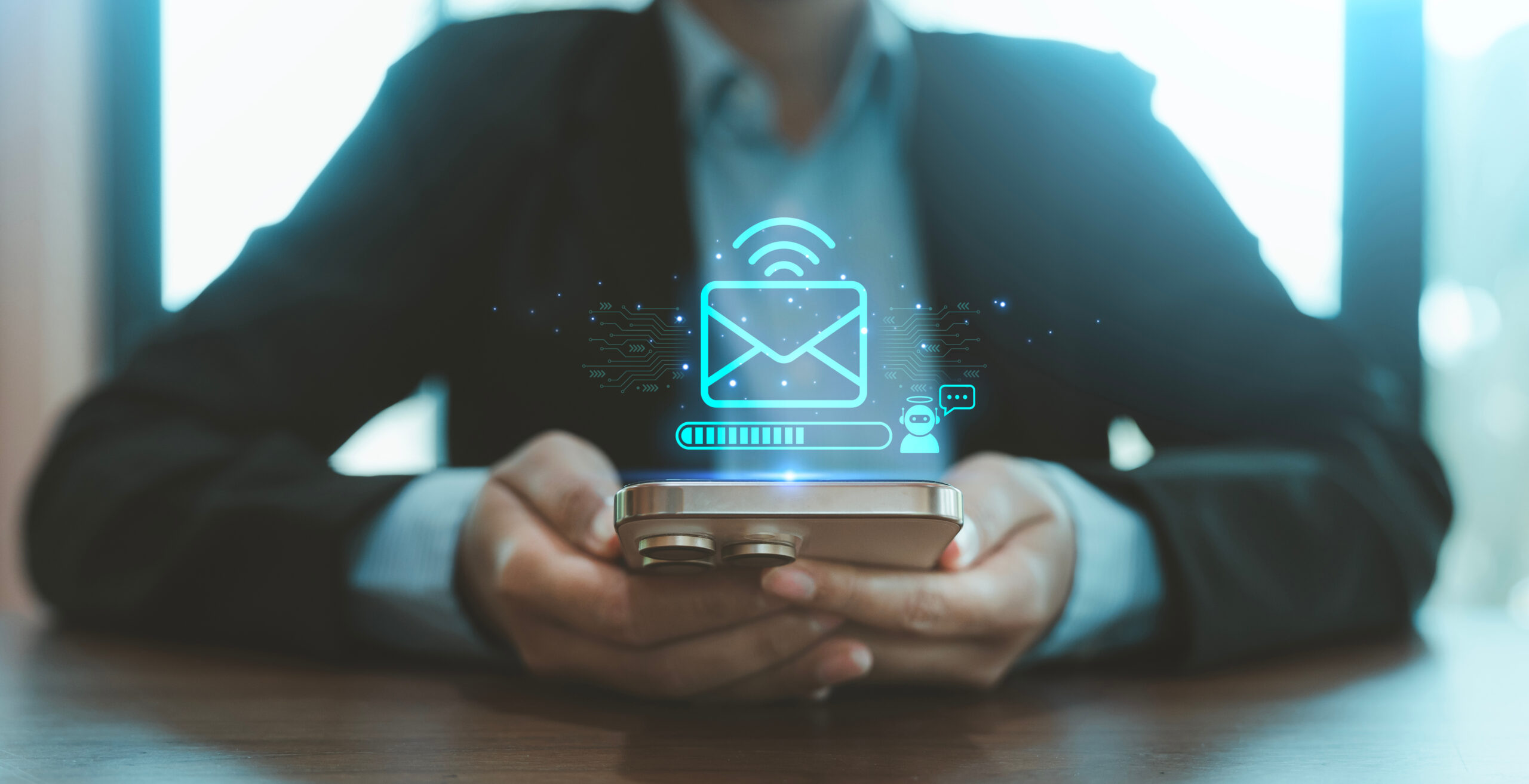 AI business email internet marketing concept hands using smartphone with digital hologram envelope mail robot chatbot loading bar wireless icons
