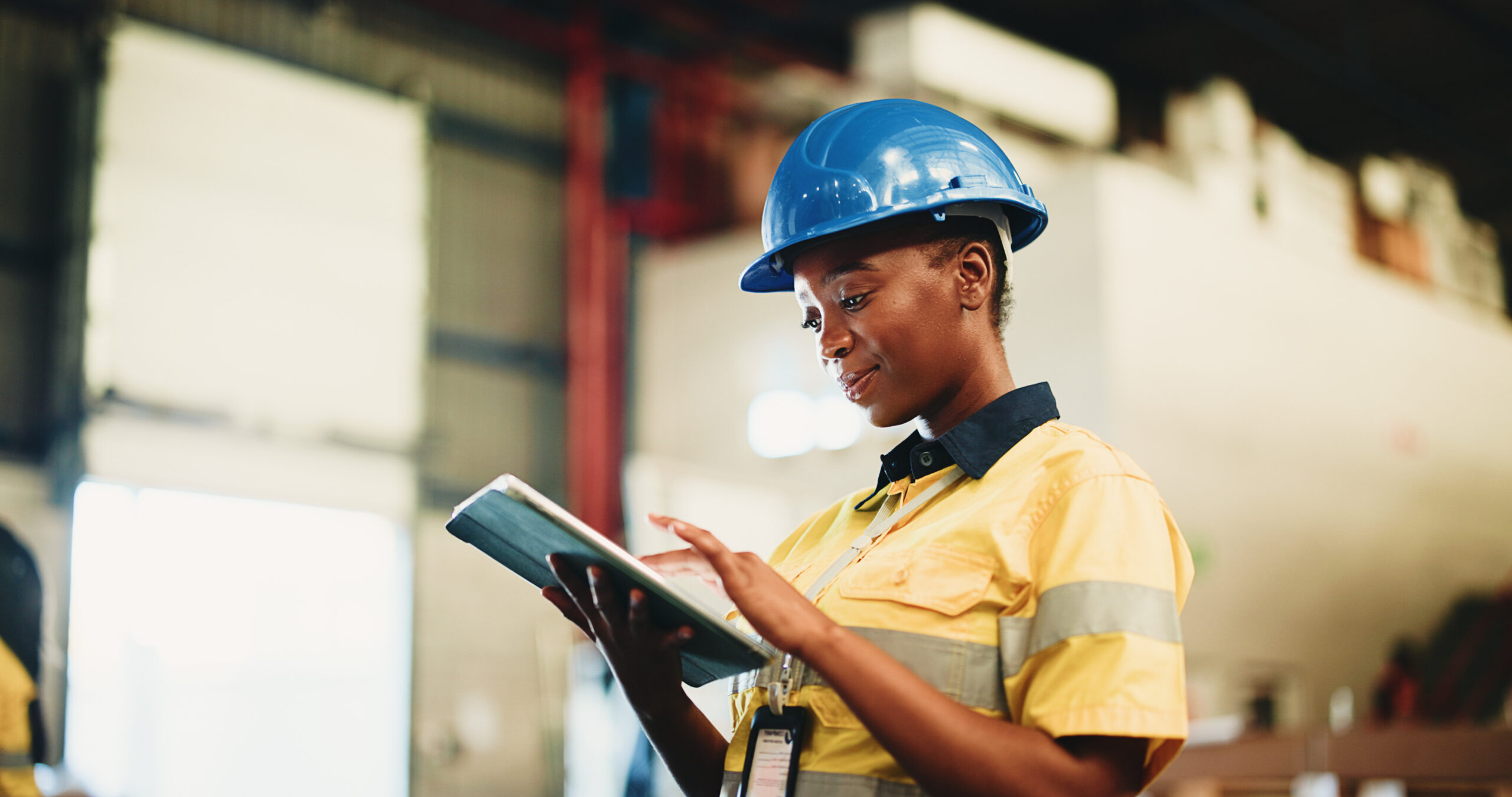 Tablet, industry and woman in warehouse with email for cargo information with supply chain.