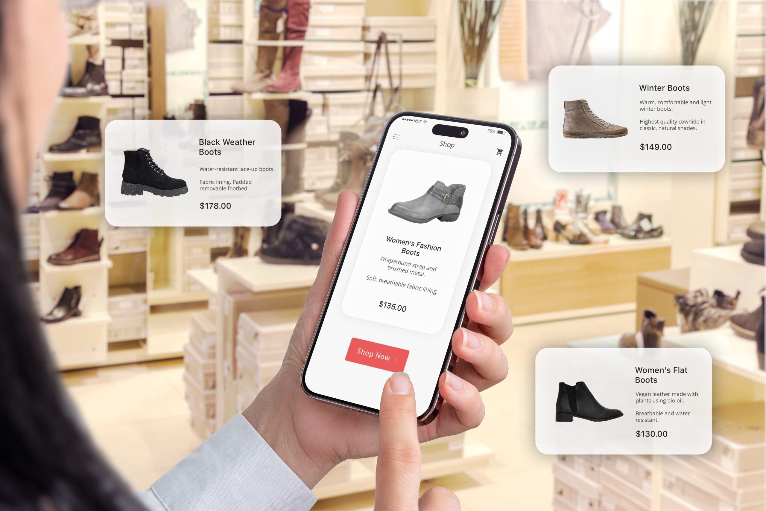 Footwear in a shoe shop. Online app on a smartphone with a buy now button. Floating balloons suggesting shoe recommendations