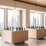 Minimalist cosmetic store interior with wood counters, bottle displays, large windows, and city skyline background.