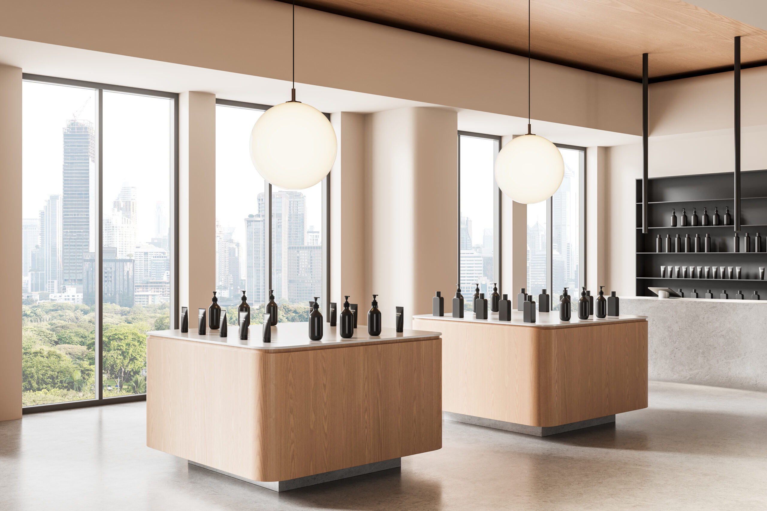 Minimalist cosmetic store interior with wood counters, bottle displays, large windows, and city skyline background.