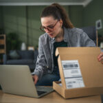 Woman in glasses opening a cardboard box while looking at a laptop, processing her online order