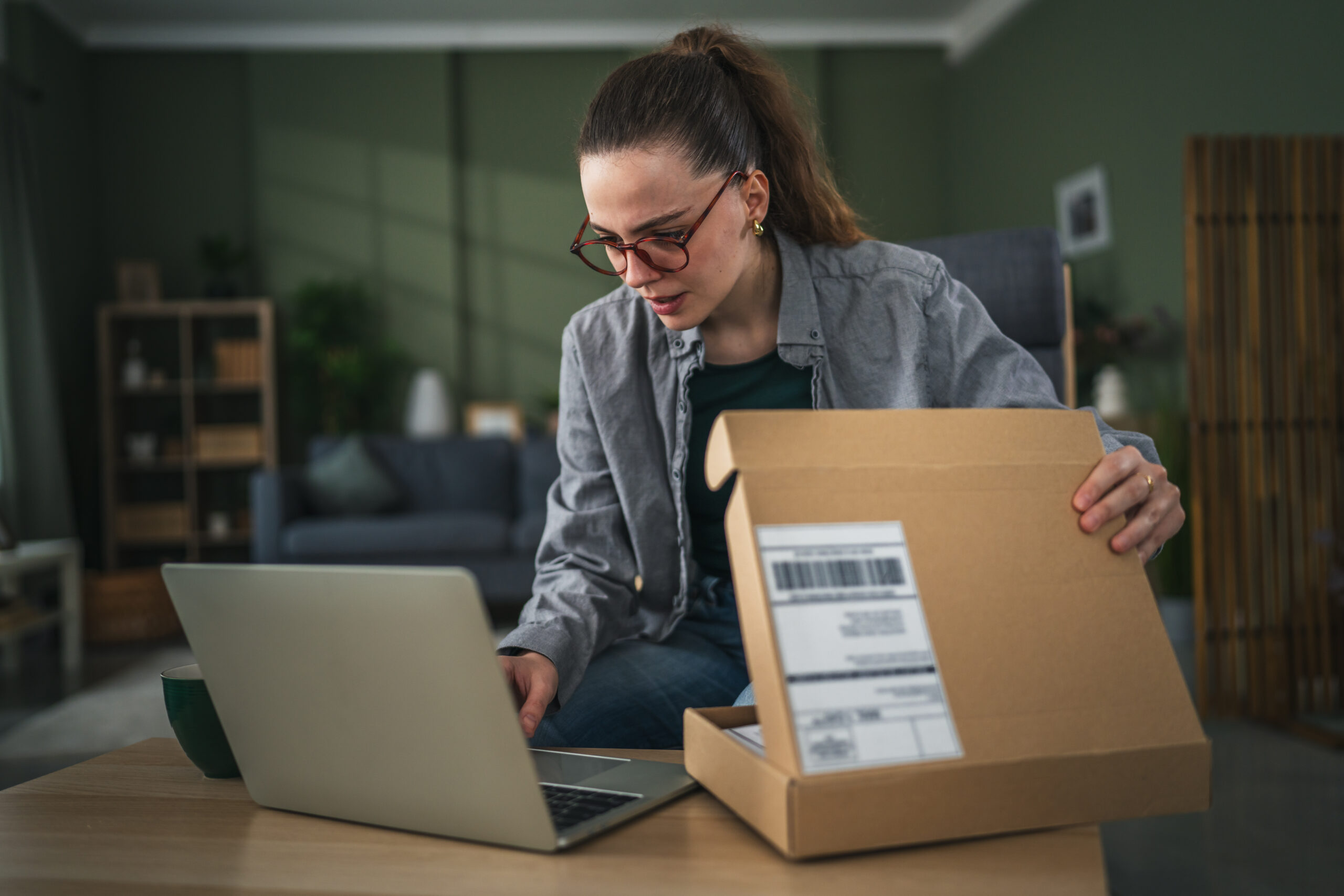 Woman in glasses opening a cardboard box while looking at a laptop, processing her online order