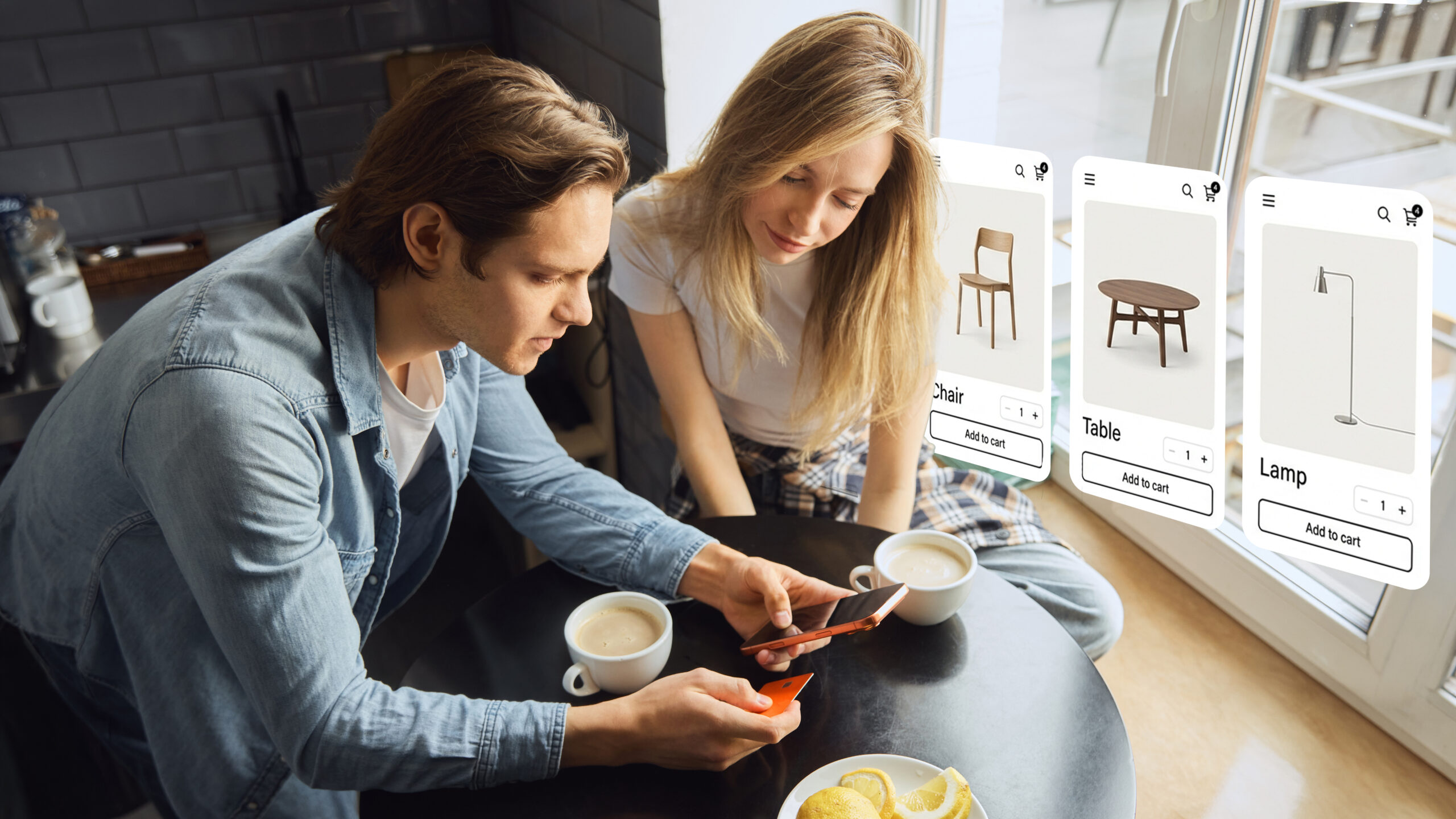 Couple shopping for furniture online with floating ecommerce displays at home.