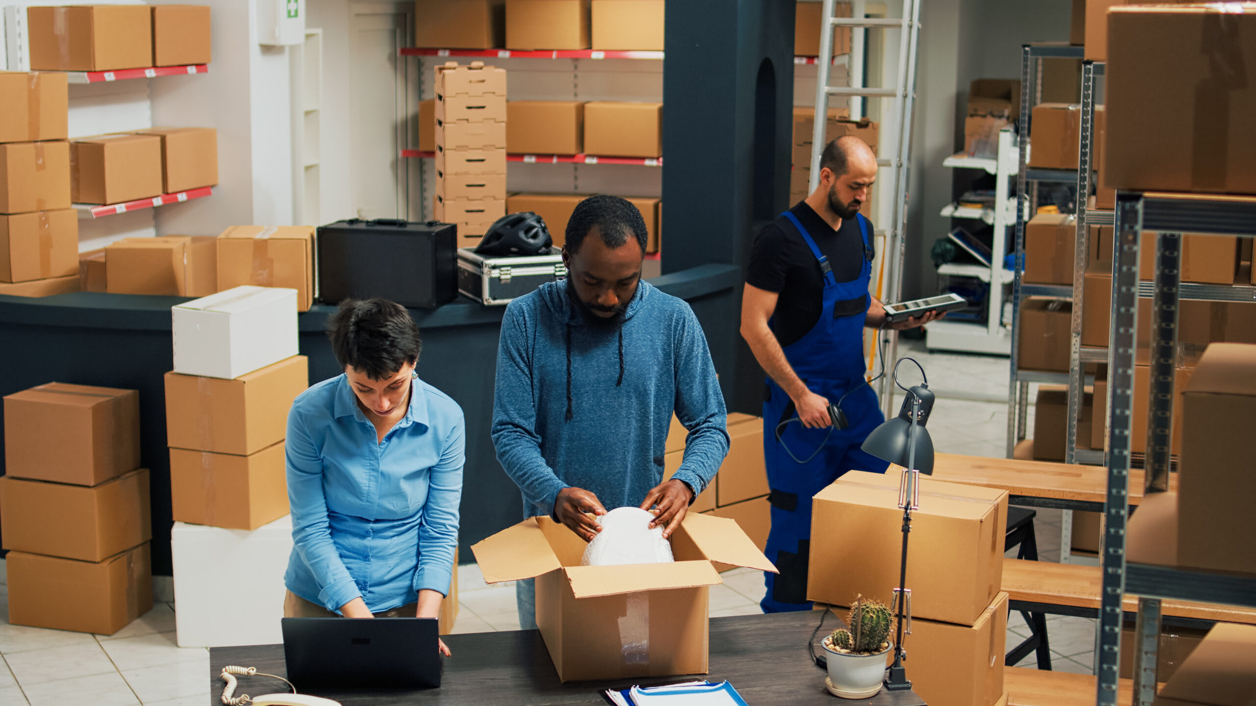 Employees putting products in boxes