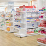 Medicines arranged in shelves, Pharmacy drugstore retail